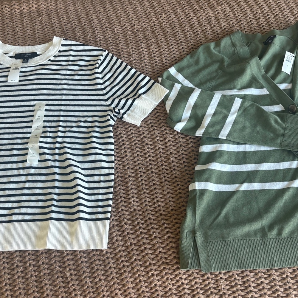 Striped Knit Tee and Sweater Set - Green & Black/White Stripes